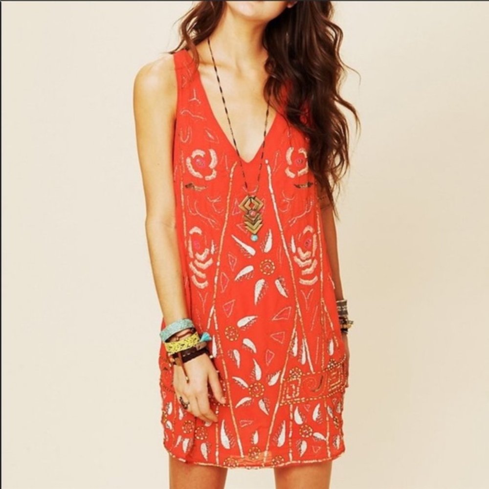 Free People Secret Garden Shift Dress, Size XS, Red